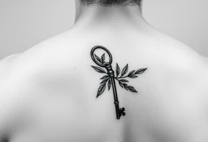 A metal key wrapped in olive leaves on the left arm tattoo idea
