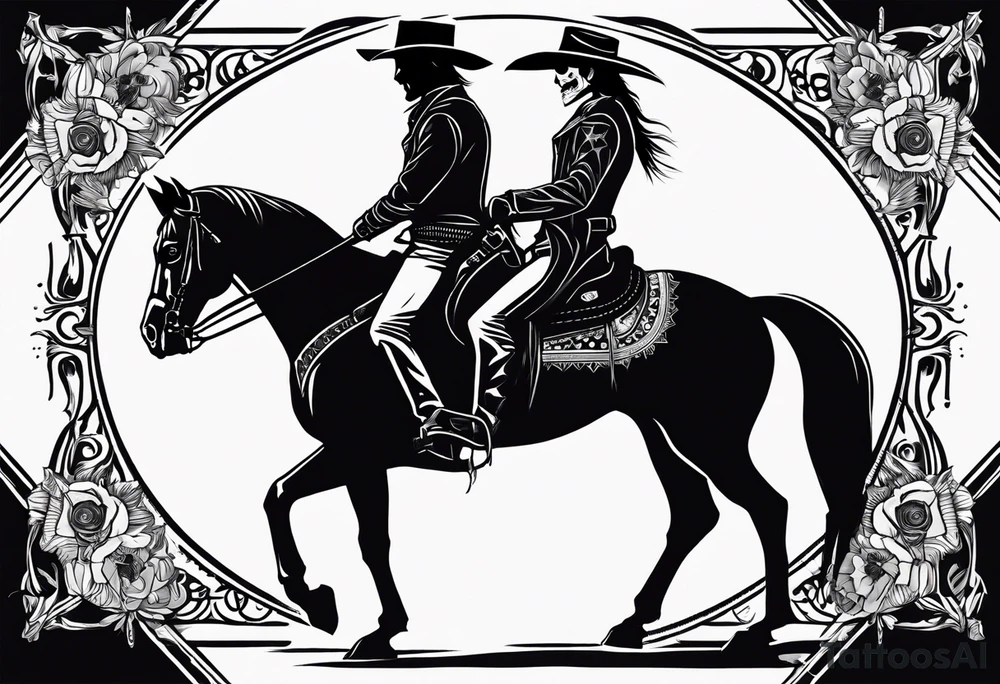 western background with a horse man,skelleton in the middle with a revolver and red dead redemtion hat tattoo idea