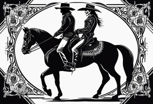 western background with a horse man,skelleton in the middle with a revolver and red dead redemtion hat tattoo idea