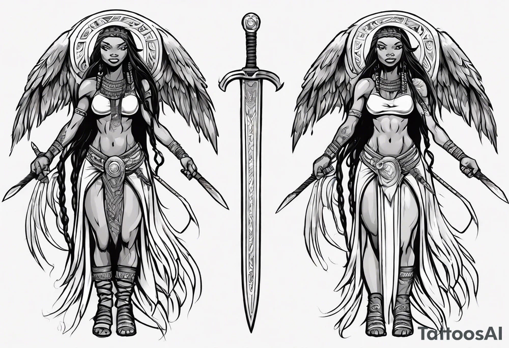 African female Viking valkyre angel smiling full body 
slim long face small mouth long braided hair holding sword tattoo idea