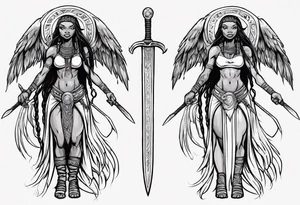 African female Viking valkyre angel smiling full body 
slim long face small mouth long braided hair holding sword tattoo idea