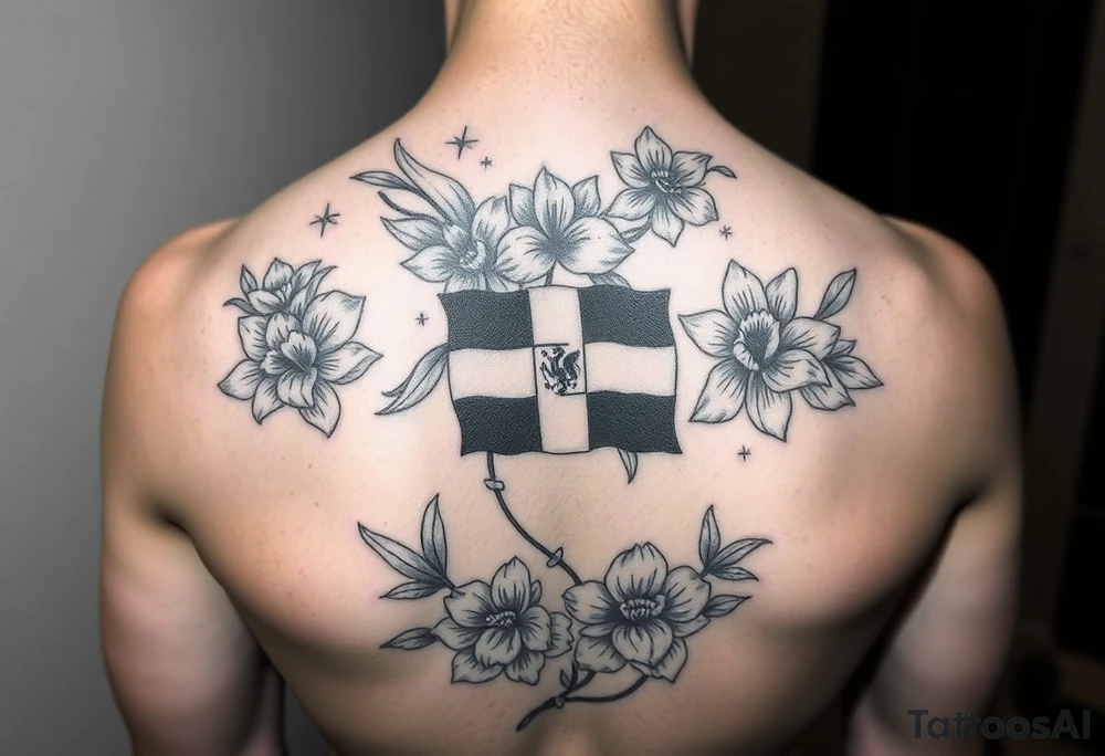 Make me a sleeve with flowers being the base having my zodiac sign Virgo, Dominican flag in color, something symbolizing nyc, my parents birthday on Roman numerals 1/10/1980 and 1/18/1984 tattoo idea