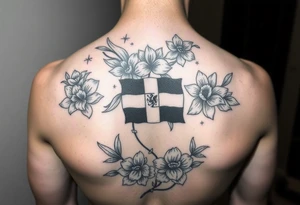 Make me a sleeve with flowers being the base having my zodiac sign Virgo, Dominican flag in color, something symbolizing nyc, my parents birthday on Roman numerals 1/10/1980 and 1/18/1984 tattoo idea