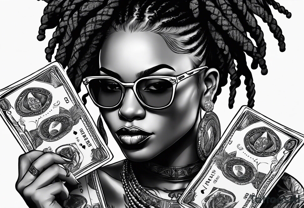 african woamn with dread locks and un glasses biting money with cards and dice tattoo idea