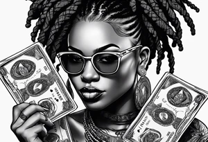 african woamn with dread locks and un glasses biting money with cards and dice tattoo idea