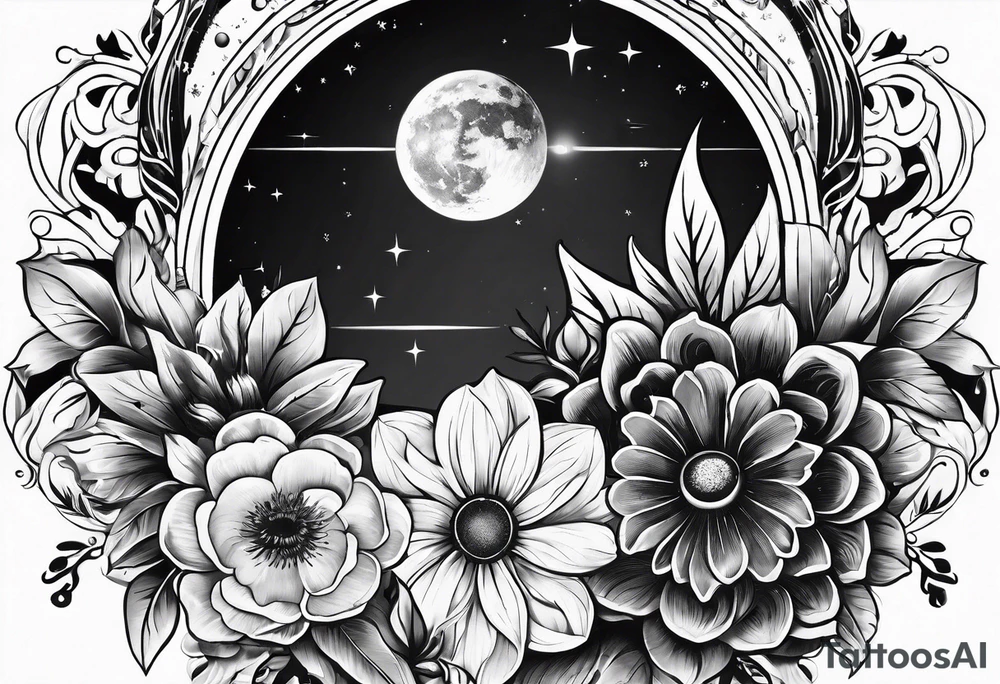 solar system with flowers spine tattoo idea