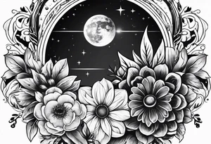 solar system with flowers spine tattoo idea