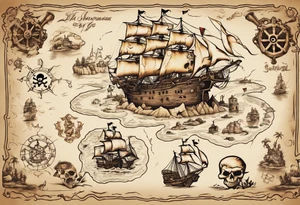 a back tattoo of a pirate treasure map with an island shaped like a big skull with clues to different areas of treasure tattoo idea