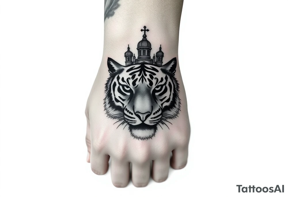 in a dorsal view of the hand and forearm a tiger face on the hand with black hollowed eyes, then above this a orthodox church shrouded with a mist and fading into a virgin mary overlooking tattoo idea