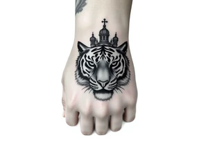 in a dorsal view of the hand and forearm a tiger face on the hand with black hollowed eyes, then above this a orthodox church shrouded with a mist and fading into a virgin mary overlooking tattoo idea