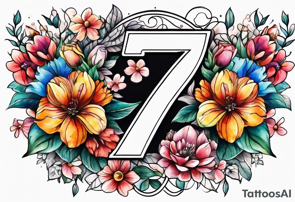 The number seven surrounded by colorful flowers tattoo idea