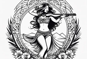hula girl squating and dance with gun tattoo idea