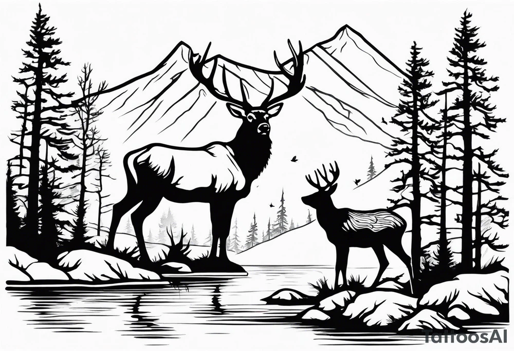 Elk water mountains rifle hunting trees birds deer bear tattoo idea