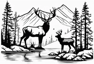 Elk water mountains rifle hunting trees birds deer bear tattoo idea