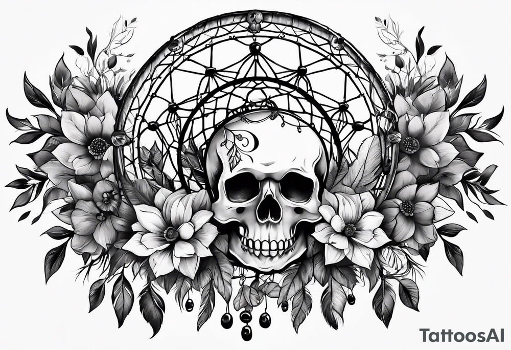 Dream catcher with black flowers and skulls tattoo idea