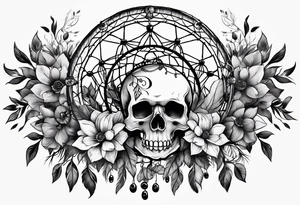 Dream catcher with black flowers and skulls tattoo idea