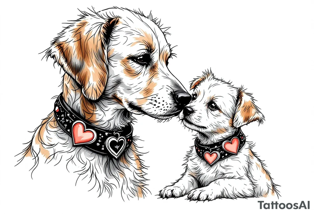 A mother dog and pup with matching heart-shaped collars in tan and gray symbolizes companionship and unconditional love. tattoo idea