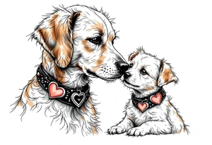 A mother dog and pup with matching heart-shaped collars in tan and gray symbolizes companionship and unconditional love. tattoo idea