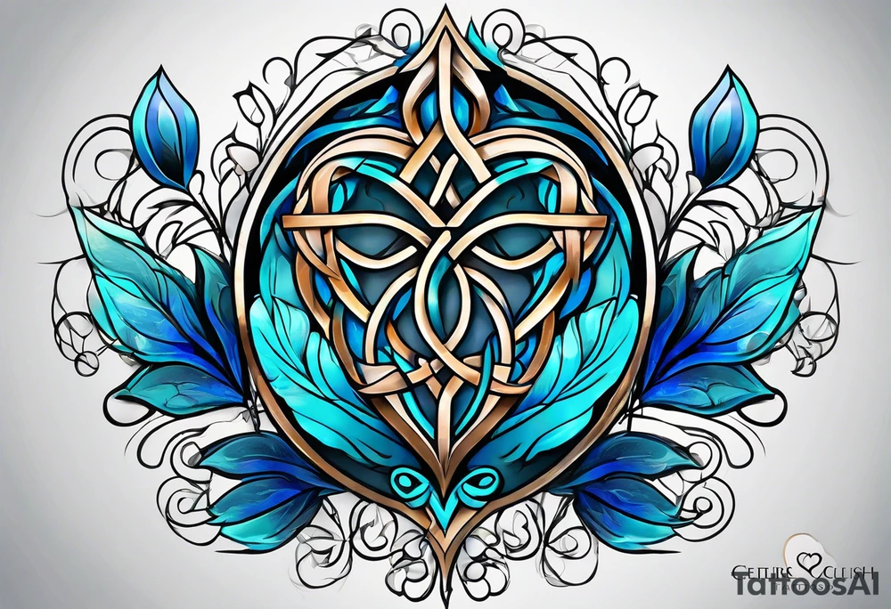 celtic knot blue breen witb one heart on one clover tattoo idea