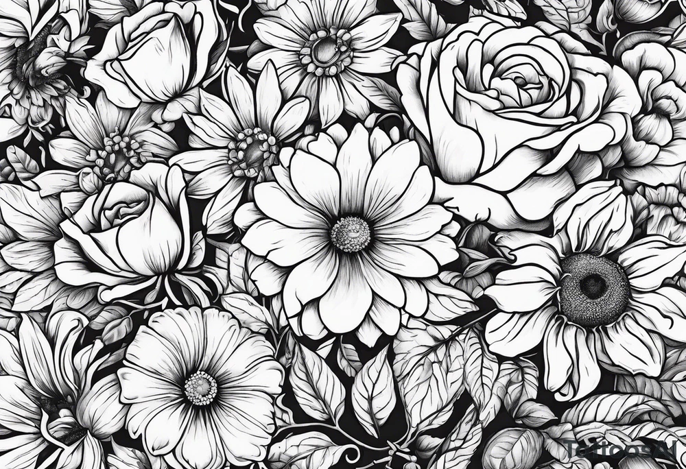 Roses, marigolds, cosmos, daisies, sweet peas and sunflowers vines tattoo idea