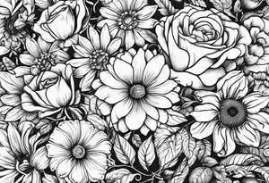 Roses, marigolds, cosmos, daisies, sweet peas and sunflowers vines tattoo idea