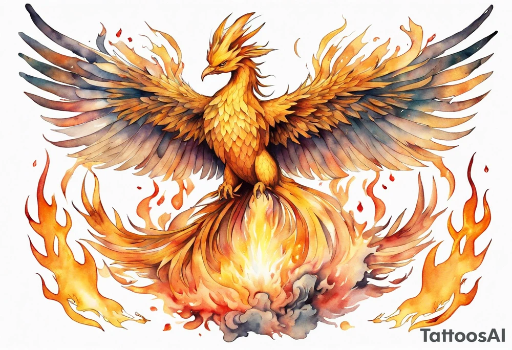 a golden phoenix surrounded by the flames of the sun tattoo idea