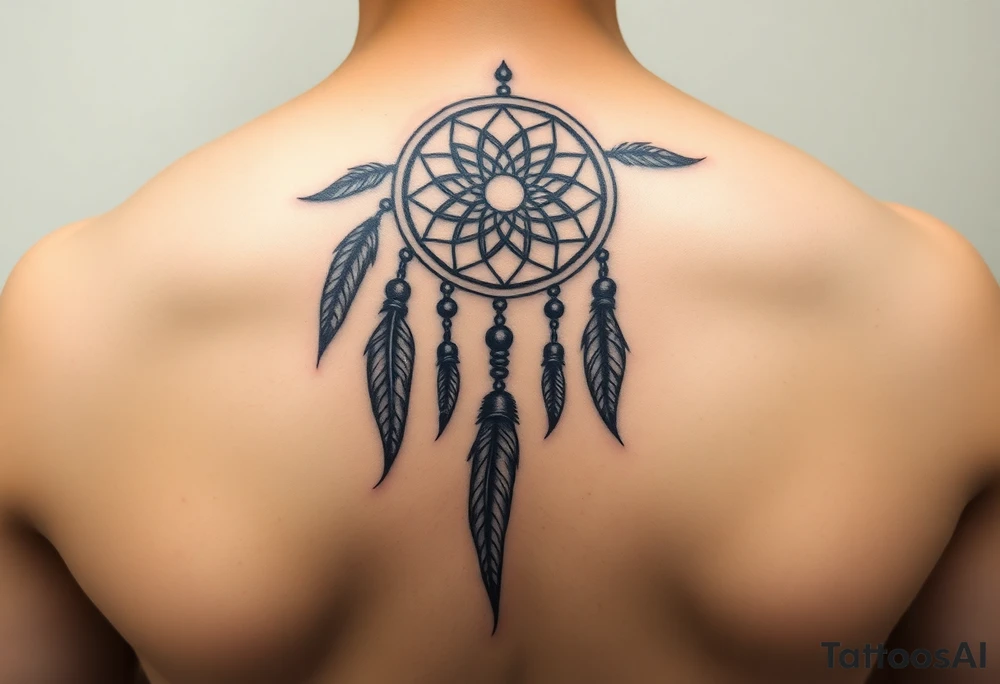 native dreamcatcher with flowing feathers and sacred beads tattoo idea