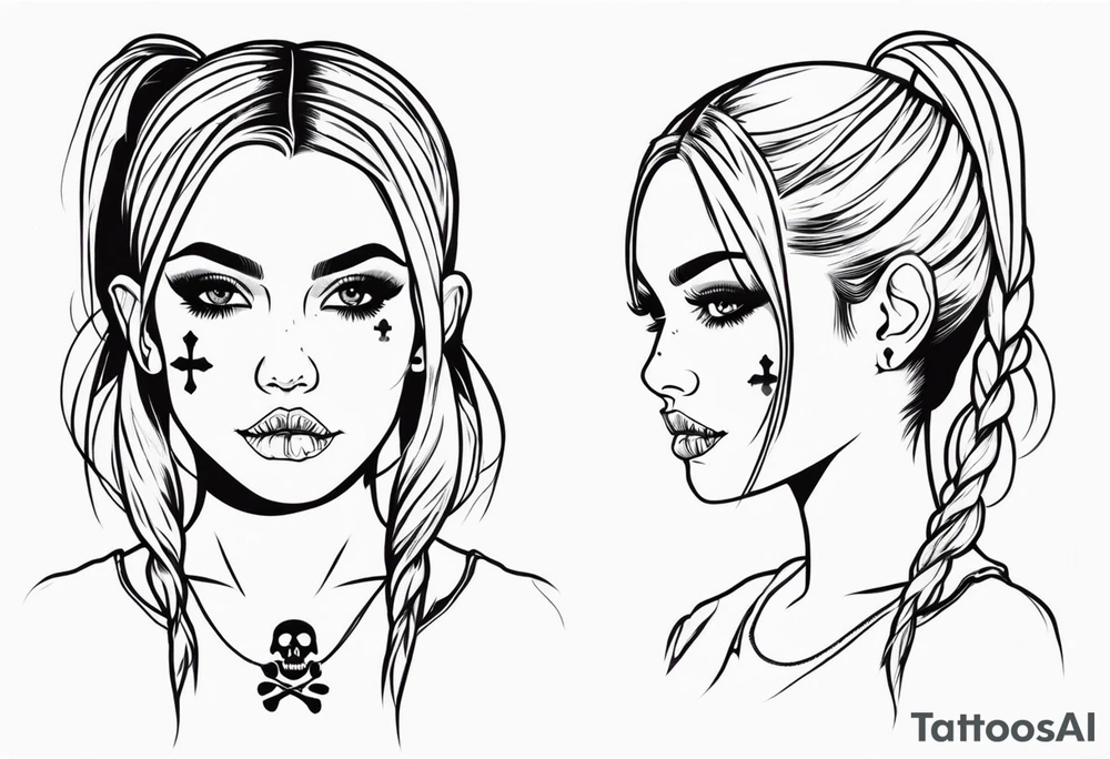 feminine skull and cross bones with hair in two blonde pigtails tattoo idea