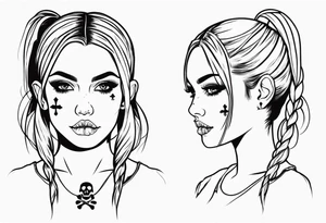 feminine skull and cross bones with hair in two blonde pigtails tattoo idea