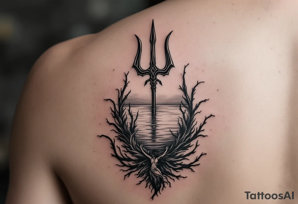 trident half way under calm water with mermaid tattoo idea