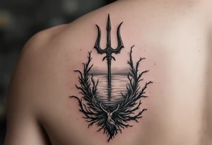 trident half way under calm water with mermaid tattoo idea