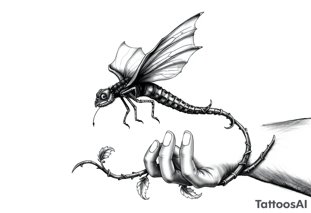 dragon fly on long thick vine, filling the whole arm with the vine ending between fingers tattoo idea