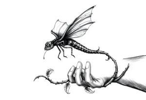 dragon fly on long thick vine, filling the whole arm with the vine ending between fingers tattoo idea