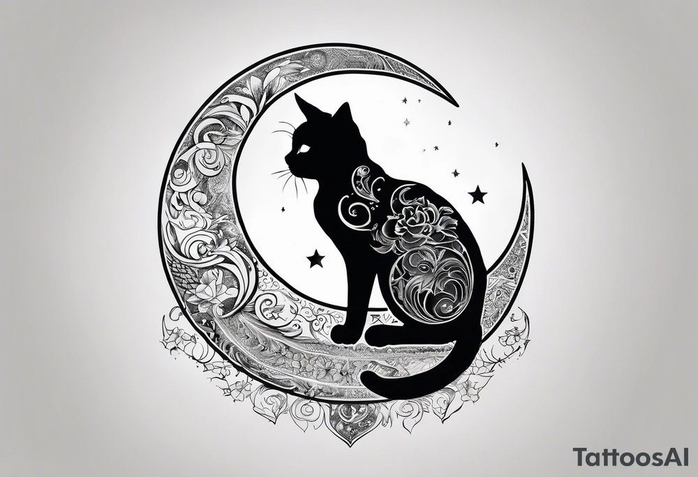 Shadow of a cat sitting on a crescent moon tattoo idea
