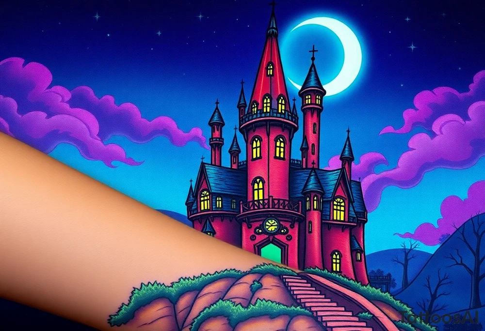 Tim Burton’s disney sleeping beauty’s haunted castle is abandoned and dripping with muted reds, dusty pinks, and eerie green glow.purple and cyan smokey clouds swirl in the crescent moonlit sky thats sprinkled with stars tattoo idea tattoo idea