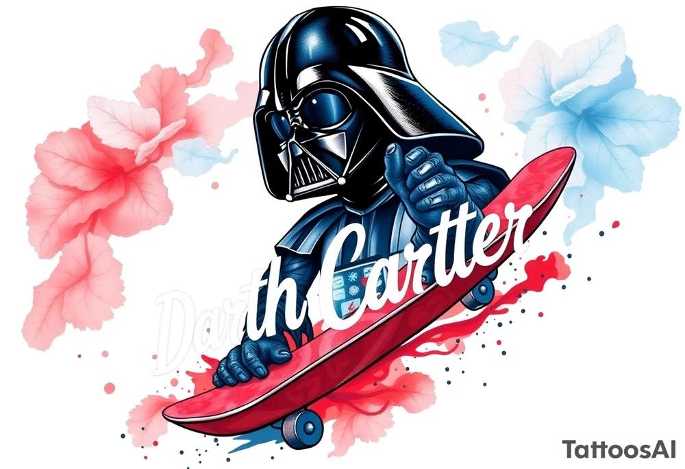Darth Vader skateboarding >
blue & red
skateboard say "Darth Carter"
12/29/88-01/06/24 tattoo idea