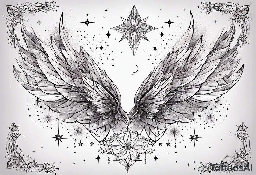 Constellation, wing , snow , géométric , flower tattoo idea