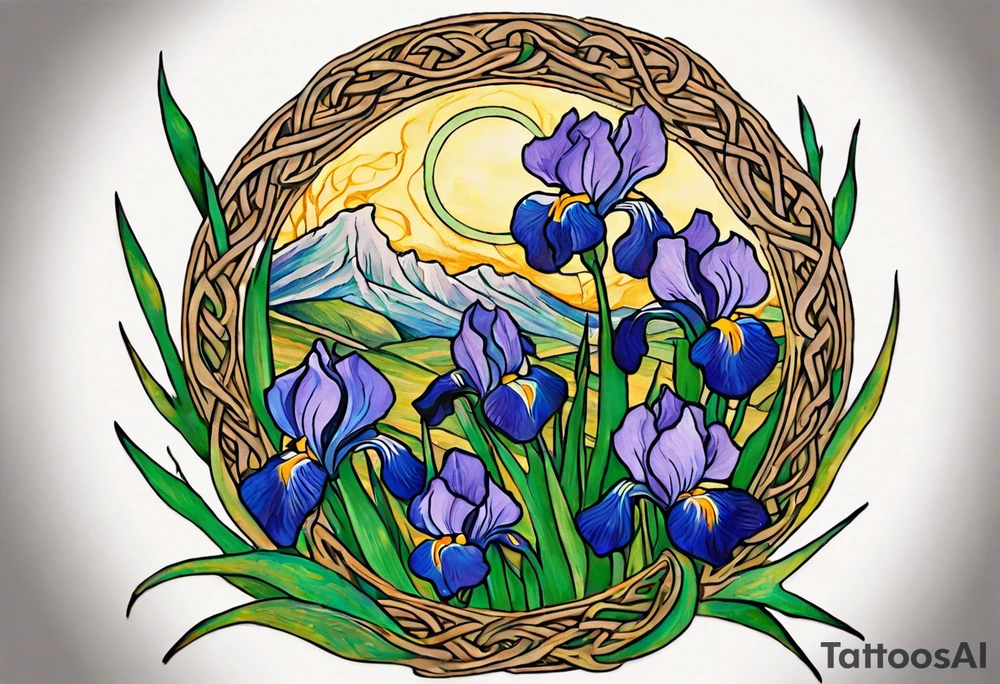 Create a colorful Vincent van Gogh's Irises tattoo, with vines in Celtic knots gracefully holding mountains in a wreath. The intended placement is on the upper chest. The overall design should be small in size while maintaining a delicate and artistic aesthetic. Pay attention to the graceful flow of the vines and the placement of the irises to achieve a refined and elegant look. tattoo idea