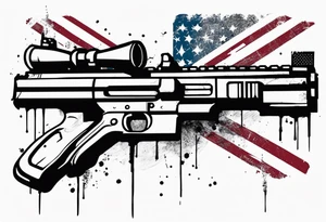 Distressed American flag behind a cross with 2 guns leaned on it simpler tattoo idea