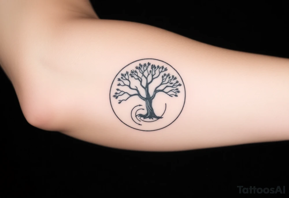 Tree encircled in a spiral circle coming from the center of the tree tattoo idea