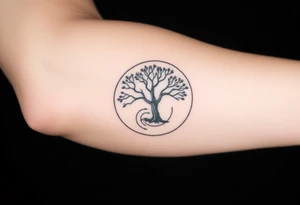 Tree encircled in a spiral circle coming from the center of the tree tattoo idea
