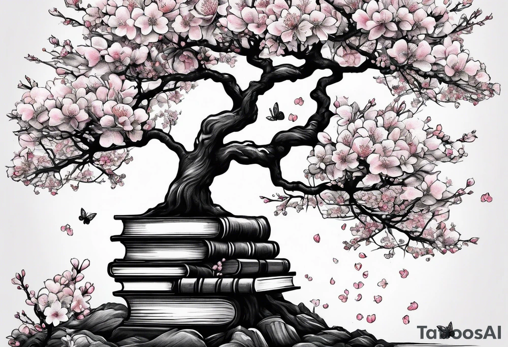Cherry blossom tree growing out of a stack of books tattoo idea