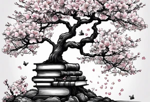 Cherry blossom tree growing out of a stack of books tattoo idea