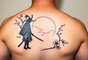 noble samurai warrior silhouette at sunset with cherry blossoms tattoo idea