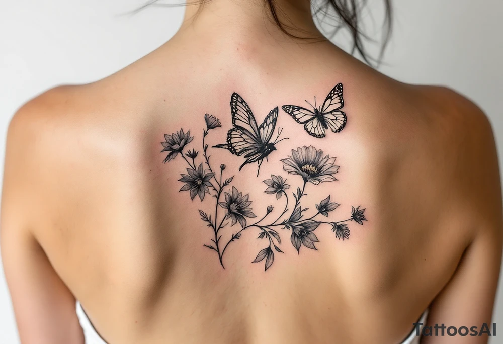 Bird flower and butterfly tattoo idea