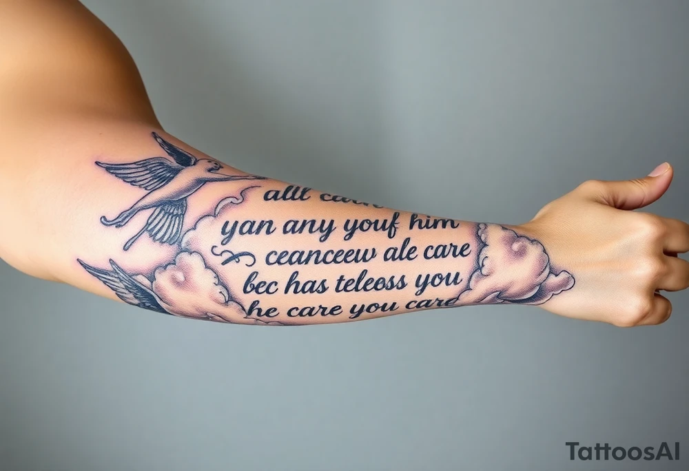 cast all your anxiety on him because he cares for you"  surrounded with clouds and angels tattoo idea