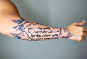 cast all your anxiety on him because he cares for you"  surrounded with clouds and angels tattoo idea