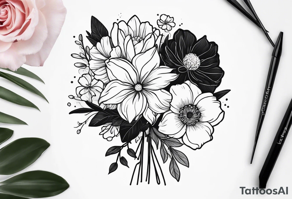 small minimalist black and white tattoo of a cute flower bouquet that MUST include 6 DIFFERENT flowers with ONE OF EACH: a carnation, a daffodil, a lily stock, a rose, a cosmos, and a chrysanthemum. tied together with a small bow tattoo idea