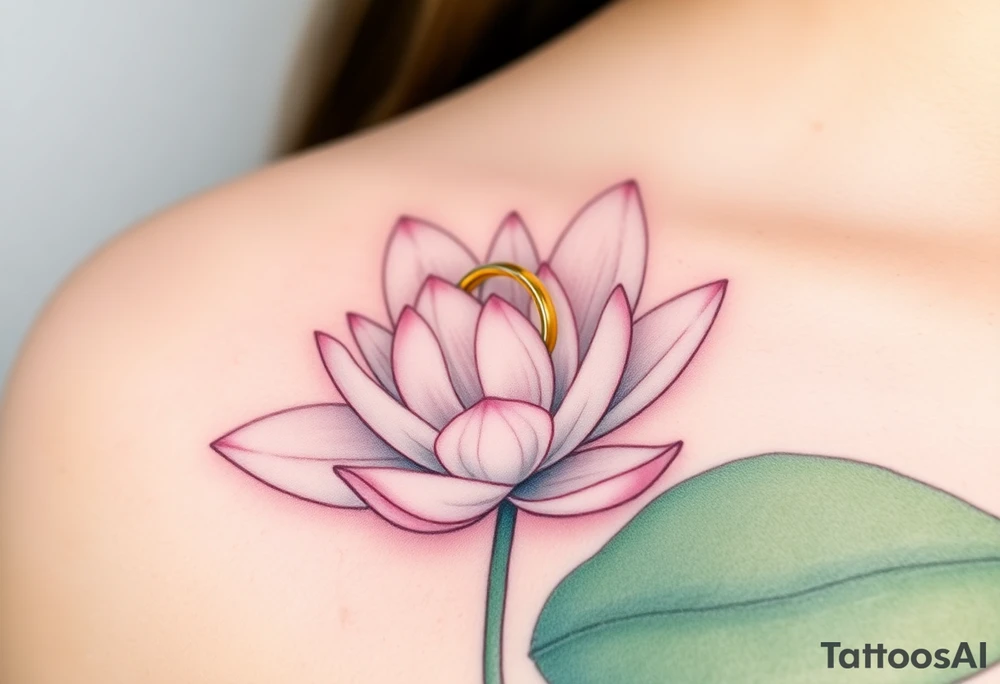 A water lily with a golden wedding ring resting gently on one of the petals, surrounded by soft blues and greens, symbolizing commitment and purity tattoo idea