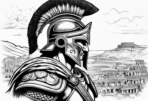 spartan solider looking at ancient city in background tattoo idea